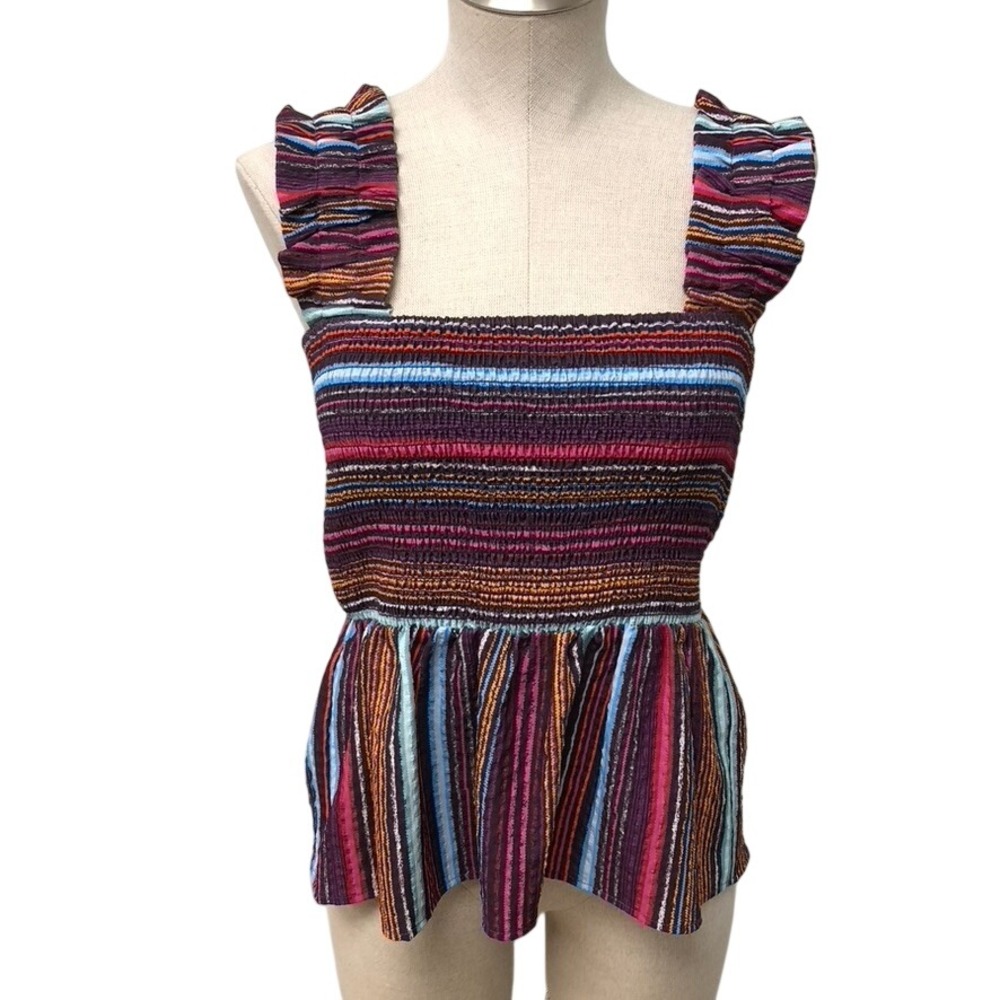 THML Peplum Top Womens XS Multicolor Striped Smocked‎ Ruffle Strap Boho